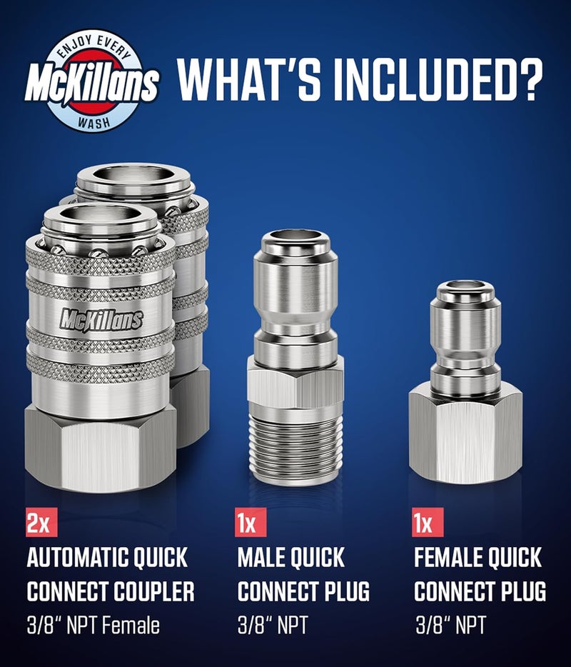 McKillans ® 3/8" NPT Automatic Pressure Washer Quick Connect Kit of 4 - Stainless Steel - 3/8" Pressure Washer Quick Connect Fittings - Power Washer NPT 3/8" - PUSH-TO-CONNECT - Upgraded Viton O-Rings - Image 5